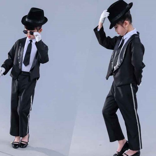 Children modern street dance stage performance jazz dance outfits boys girls school black colored group dancers hiphop dancing costumes